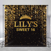 Aperturee - Aperturee Black Gold Glitter Crown Custom Sweet 16 Backdrop